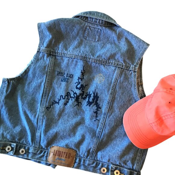 Upcycled Denim Vest, Junior Size 14: Painted Table Rock Lake Sleeveless Jacket - Picture 3 of 14